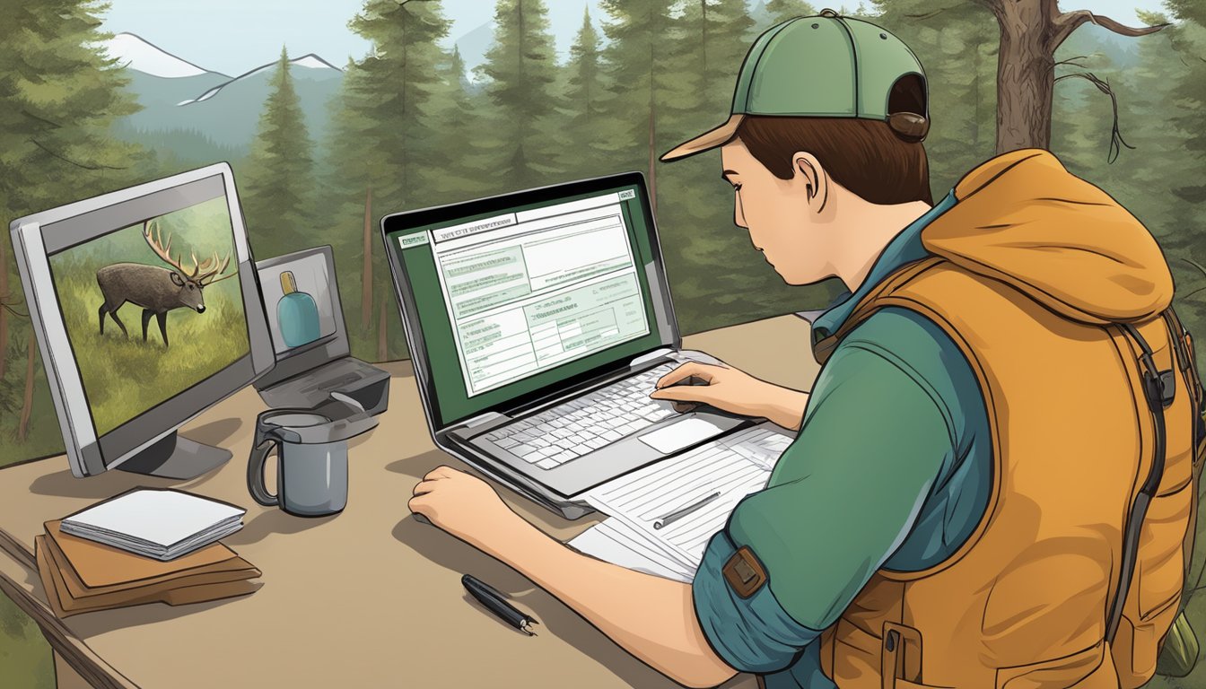 A person filling out a hunting license application, searching for their hunter education number online