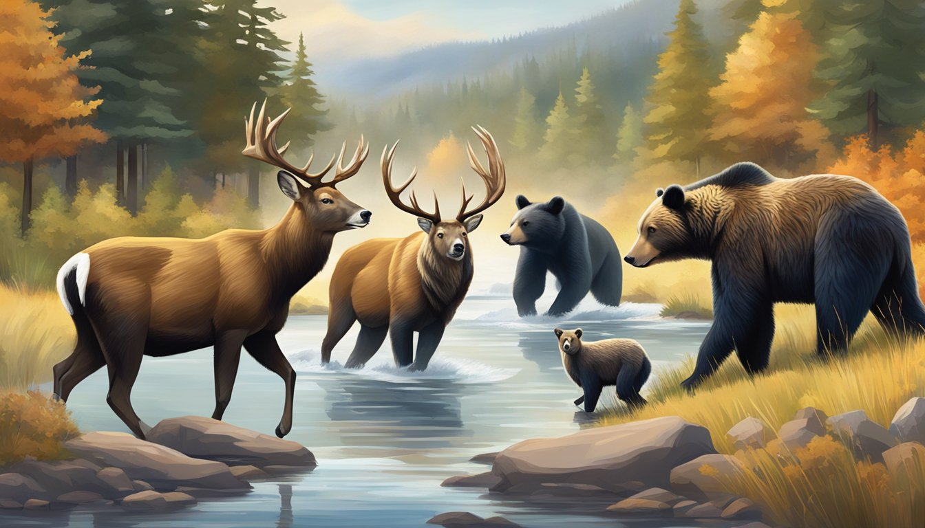 A group of diverse wildlife, such as deer, bears, and birds, moving forward across a North American landscape