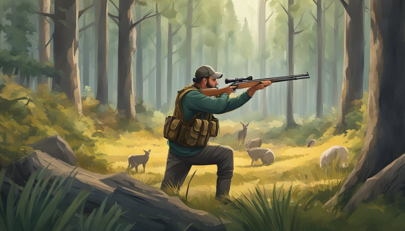 A hunter holding a rifle and carefully aiming at a target in a forest clearing. The hunter is surrounded by trees and wildlife