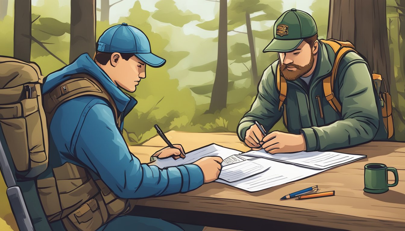 A mentor guiding a new hunter to fill out paperwork for their hunter education number