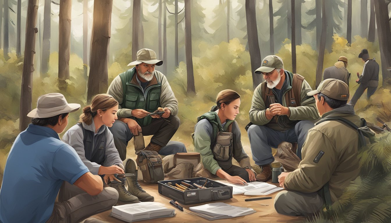 A group of diverse individuals, some young, some older, engaged in a hands-on hunter education class, surrounded by outdoor gear and educational materials