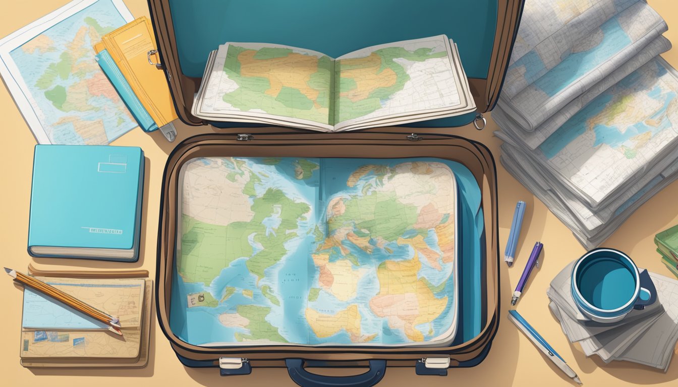 A suitcase packed with maps, language books, and travel guides sits open on a desk, ready for a student studying abroad