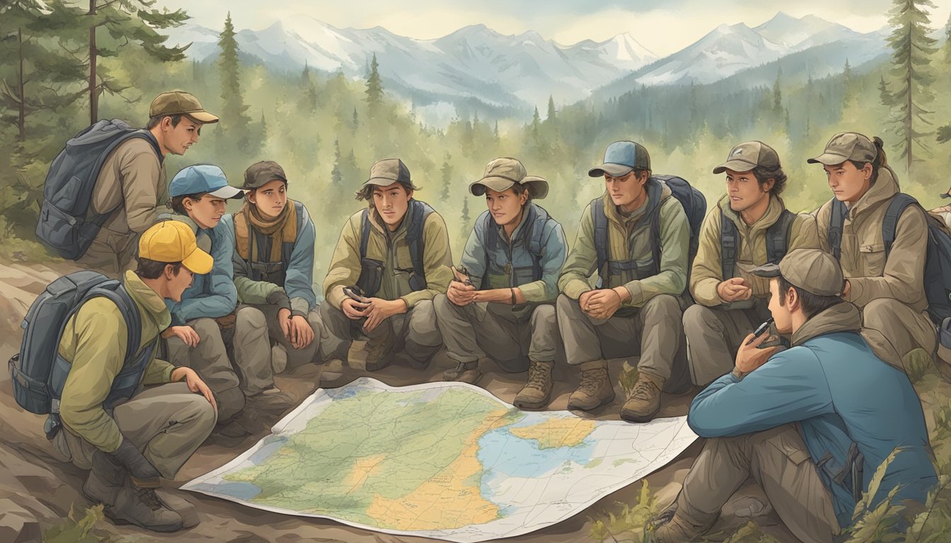 A hunter education class in a foreign country, with students and instructors gathered around a map and discussing outdoor safety and regulations