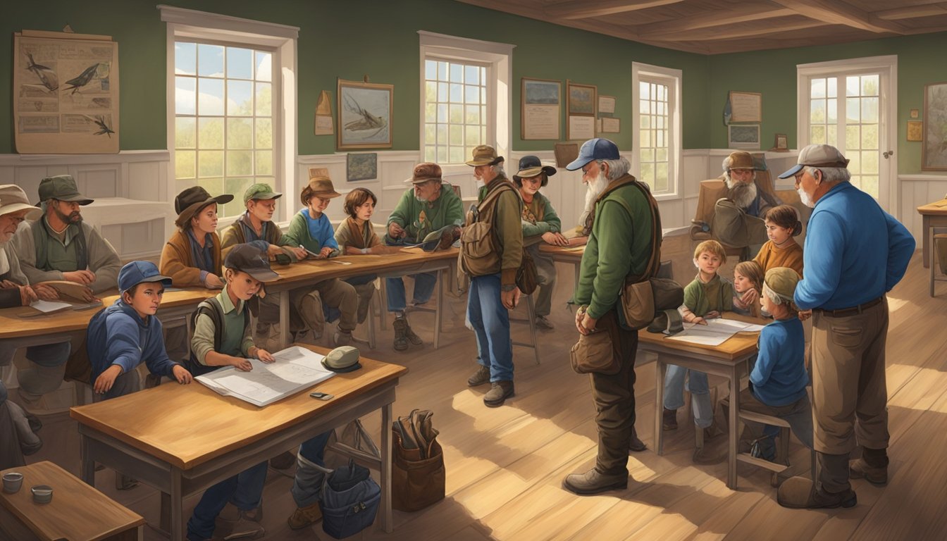 A group of hunters, young and old, gather in a classroom to learn advanced techniques in hunter education. Visual aids and demonstration props are scattered around the room