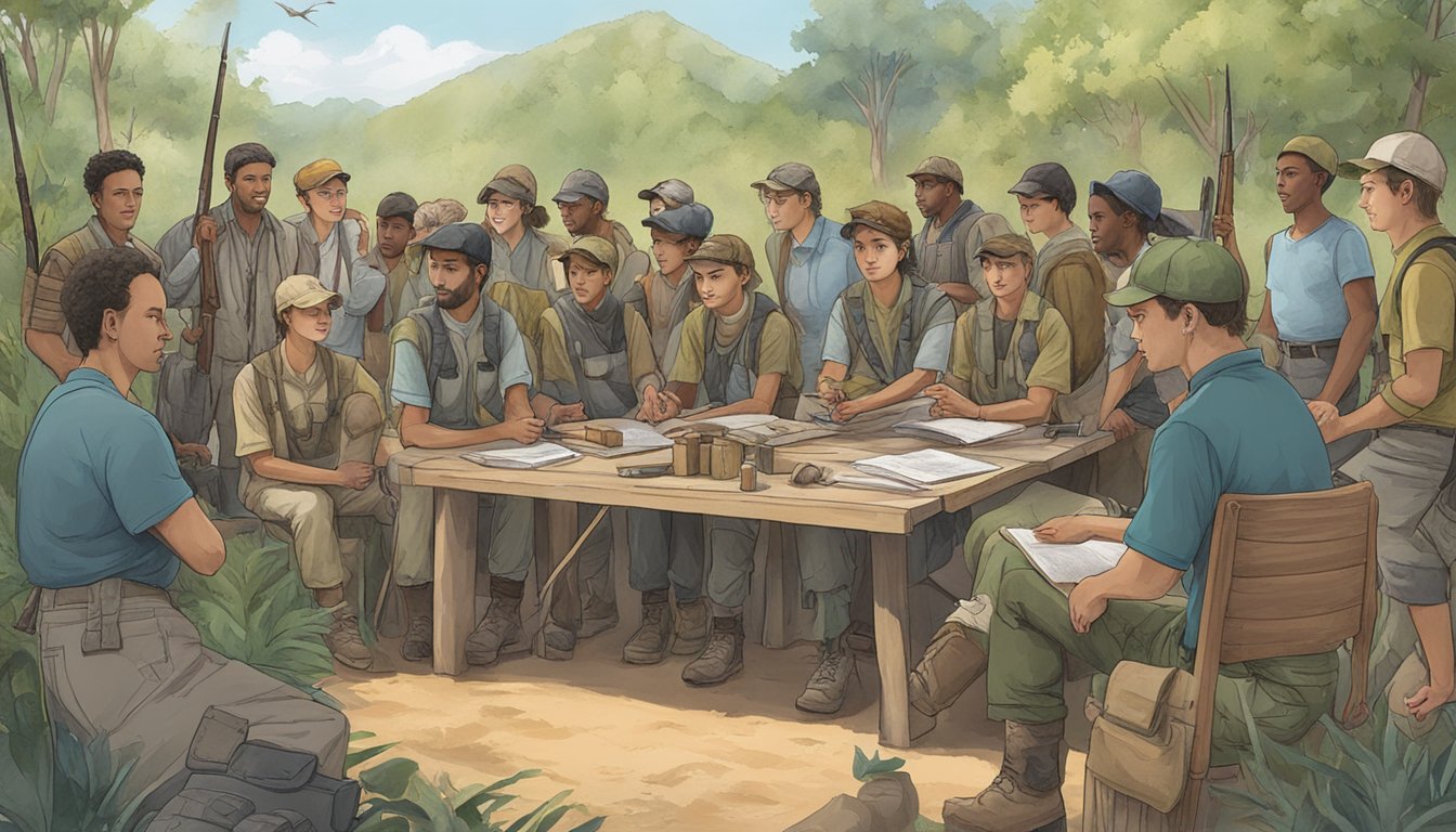 A group of individuals receiving hunter education abroad, surrounded by instructors and various resources