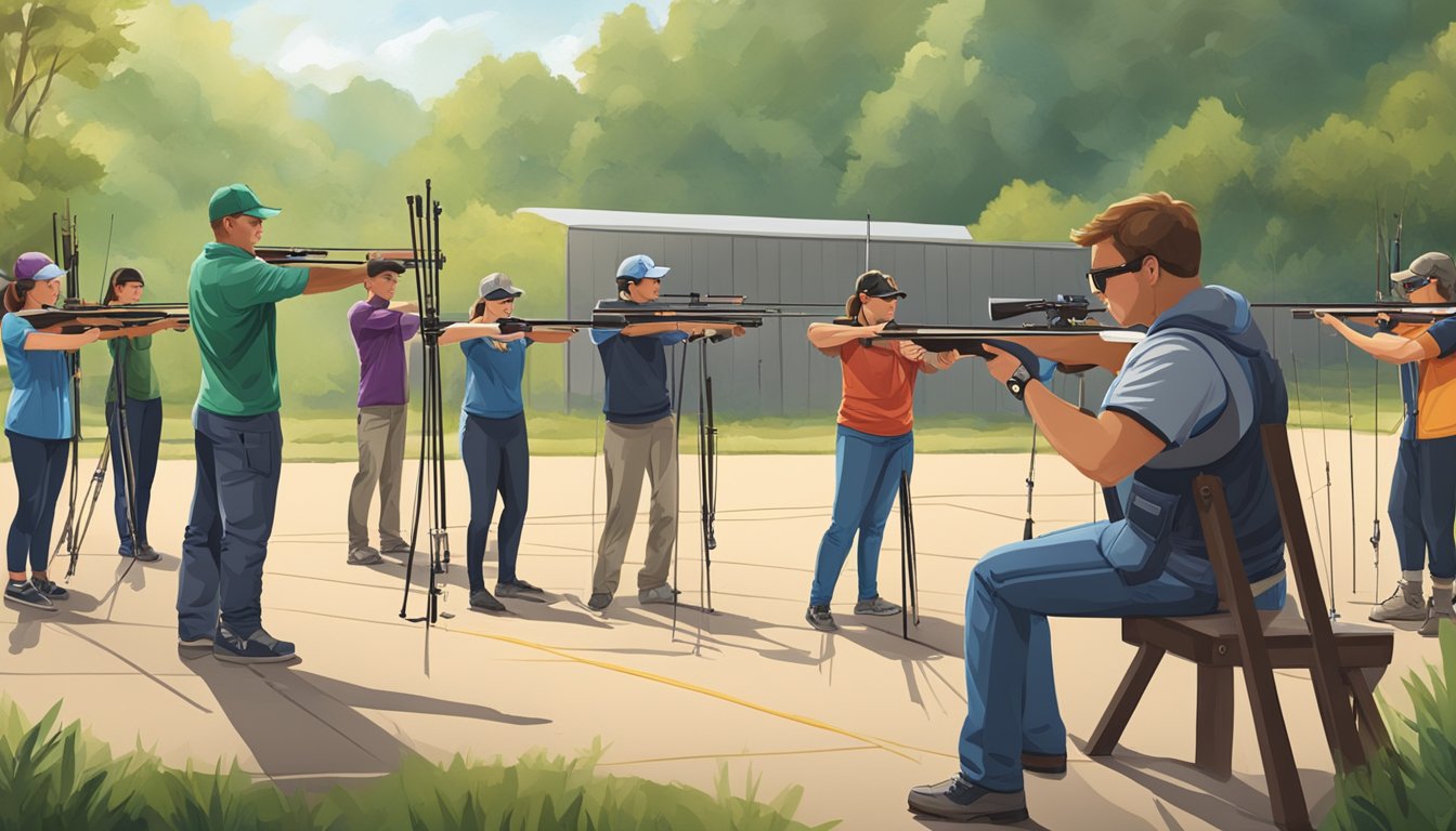 A group of students participating in shooting sports and archery at an outdoor range, with instructors guiding their technique and safety