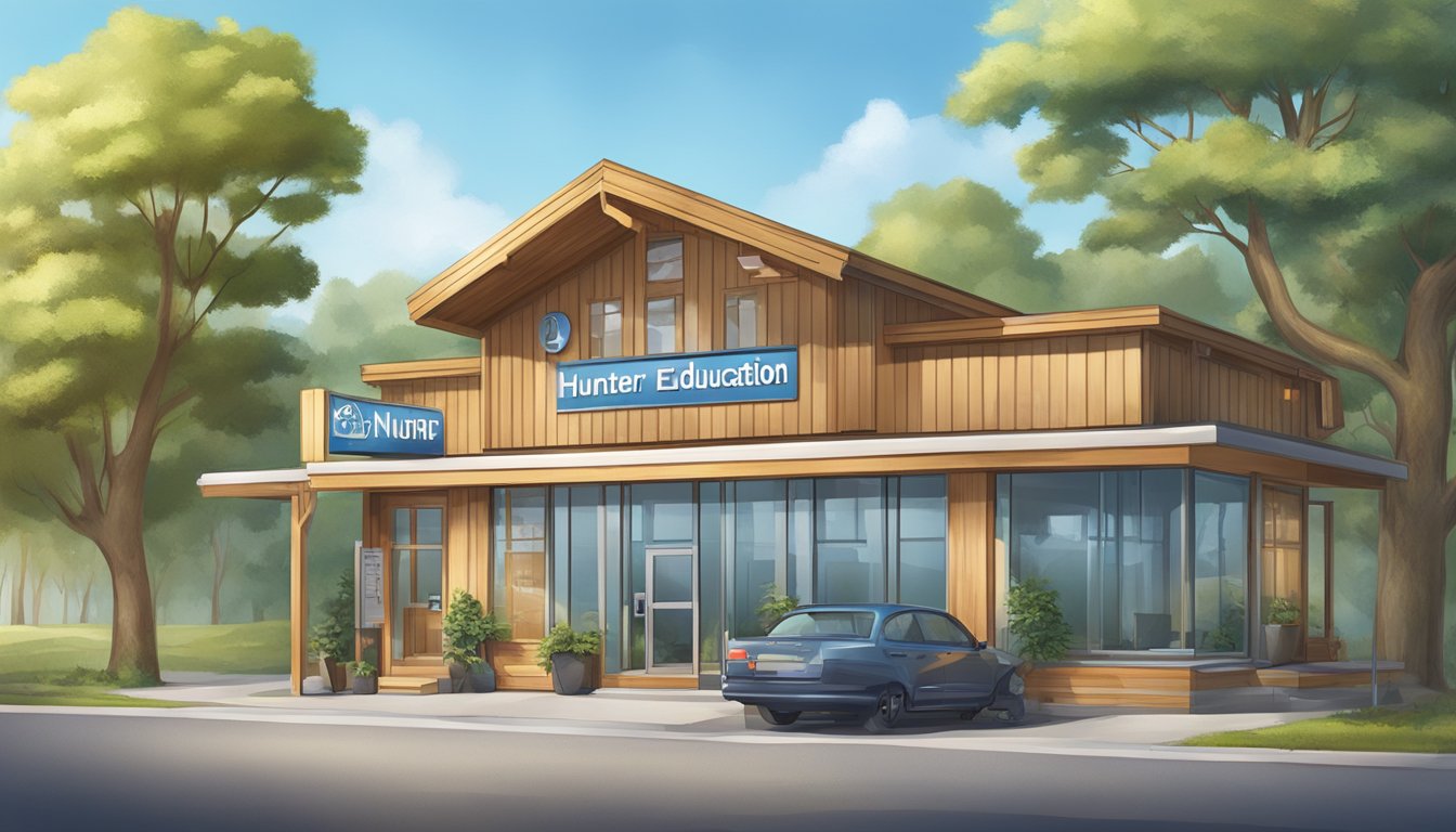 A hunter education office with a prominent address sign and a customer support desk