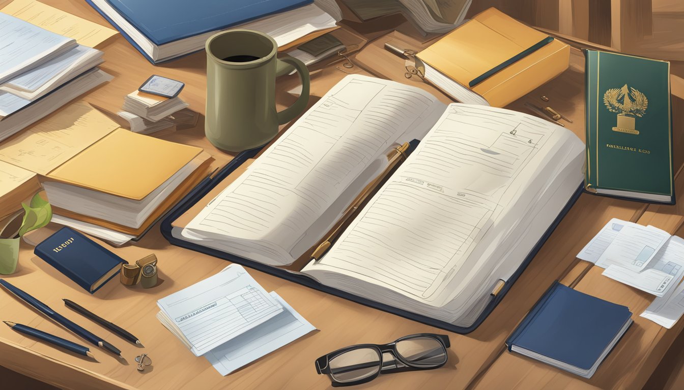 A desk with scattered legal and identification documents, a hunter education manual, and an address book