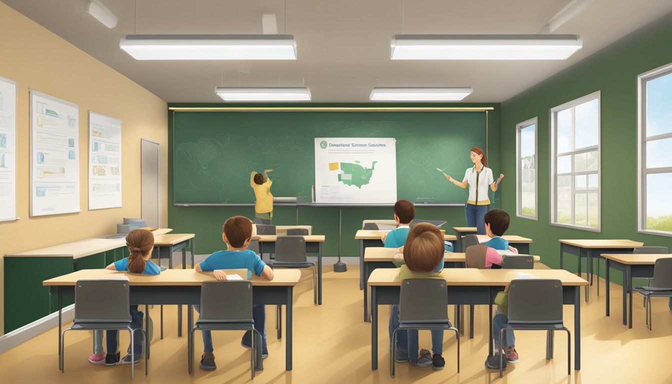 A hunter education classroom with a teacher and students, displaying course materials and certification documents on the wall