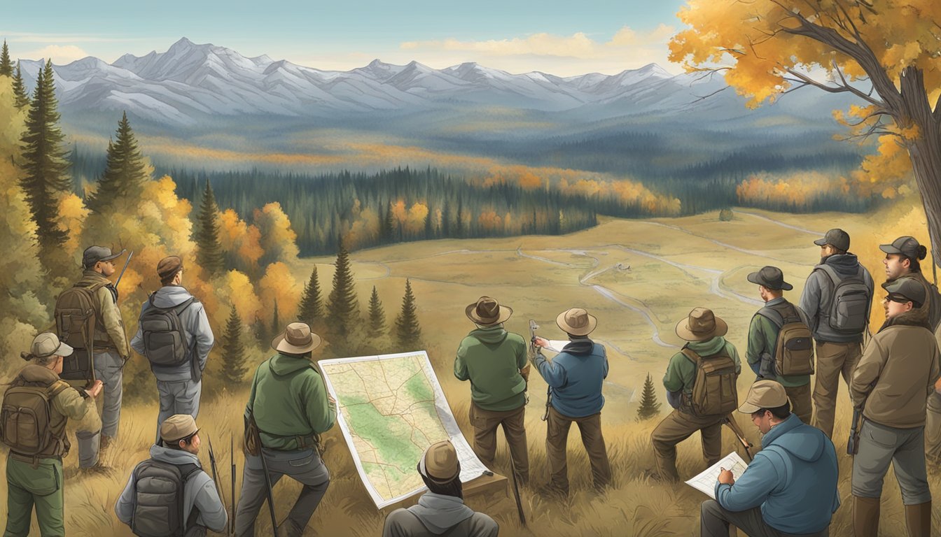 A group of hunters studying a large map with hunting laws and regulations, while a wildlife officer teaches a hunter education class