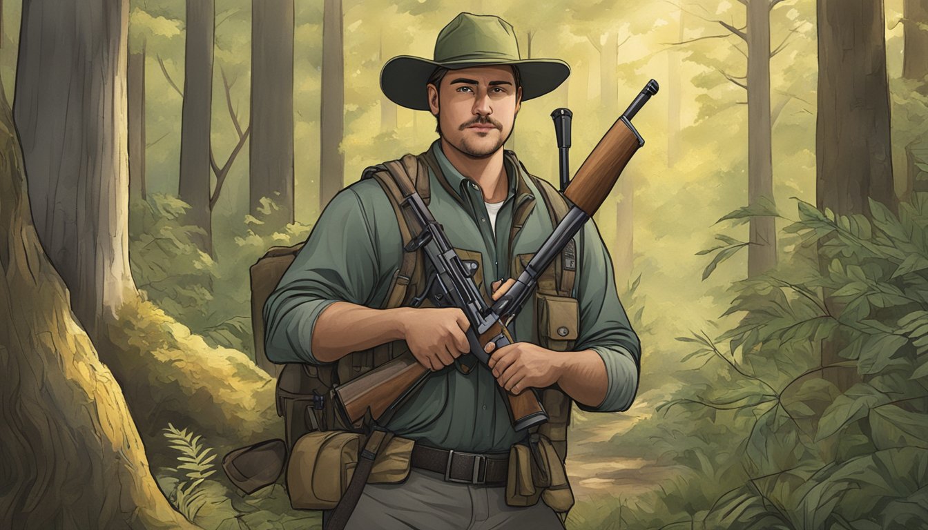 A hunter proudly displays their certification in front of a woodland scene