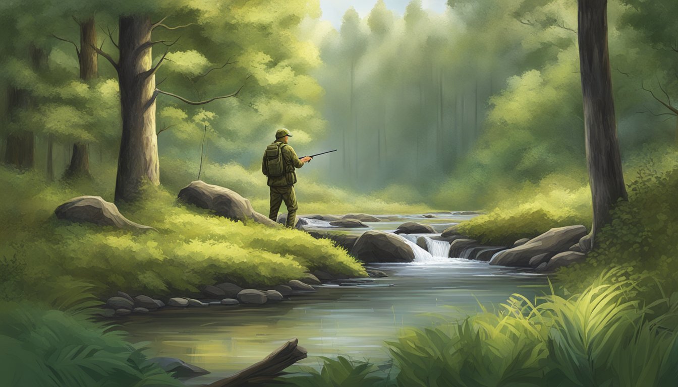 A serene forest clearing with a hunter setting up a camouflage blind near a babbling stream, surrounded by lush greenery and wildlife