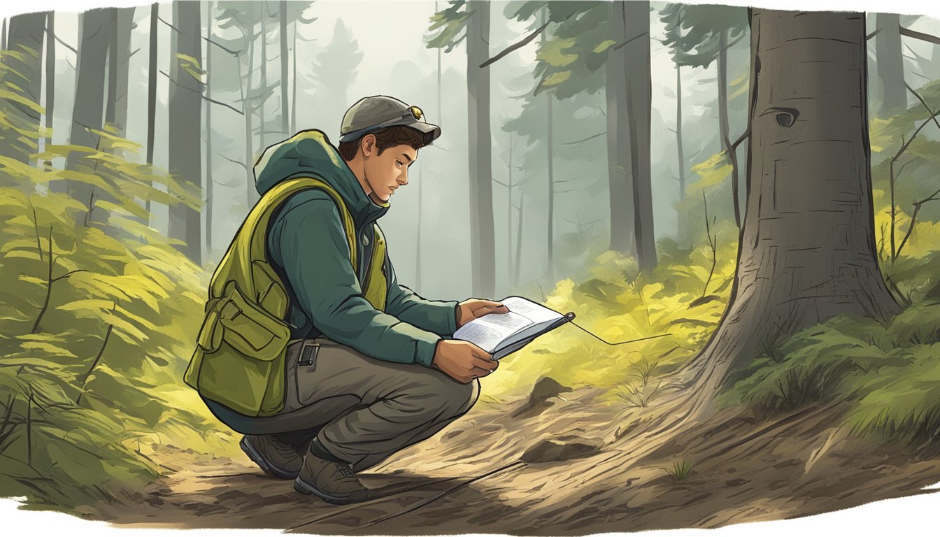 A hunter education apprentice studying wildlife tracks in a forest clearing