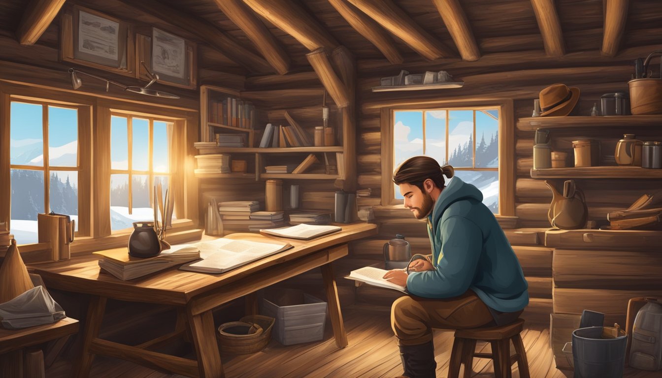 A hunter education apprentice studying legal requirements and licenses in a rustic cabin with hunting gear and educational materials