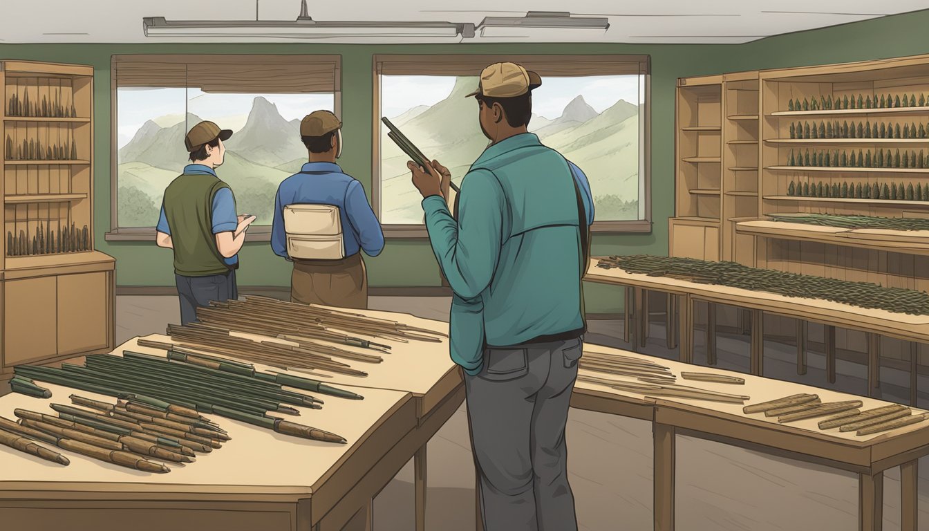 A hunter's education instructor pointing to a display of various types of ammunition while students take notes