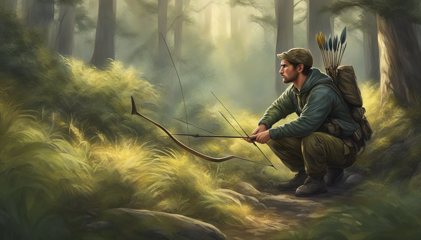 A hunter crouching in the underbrush, silently tracking prey with a bow and arrow, blending into the natural surroundings