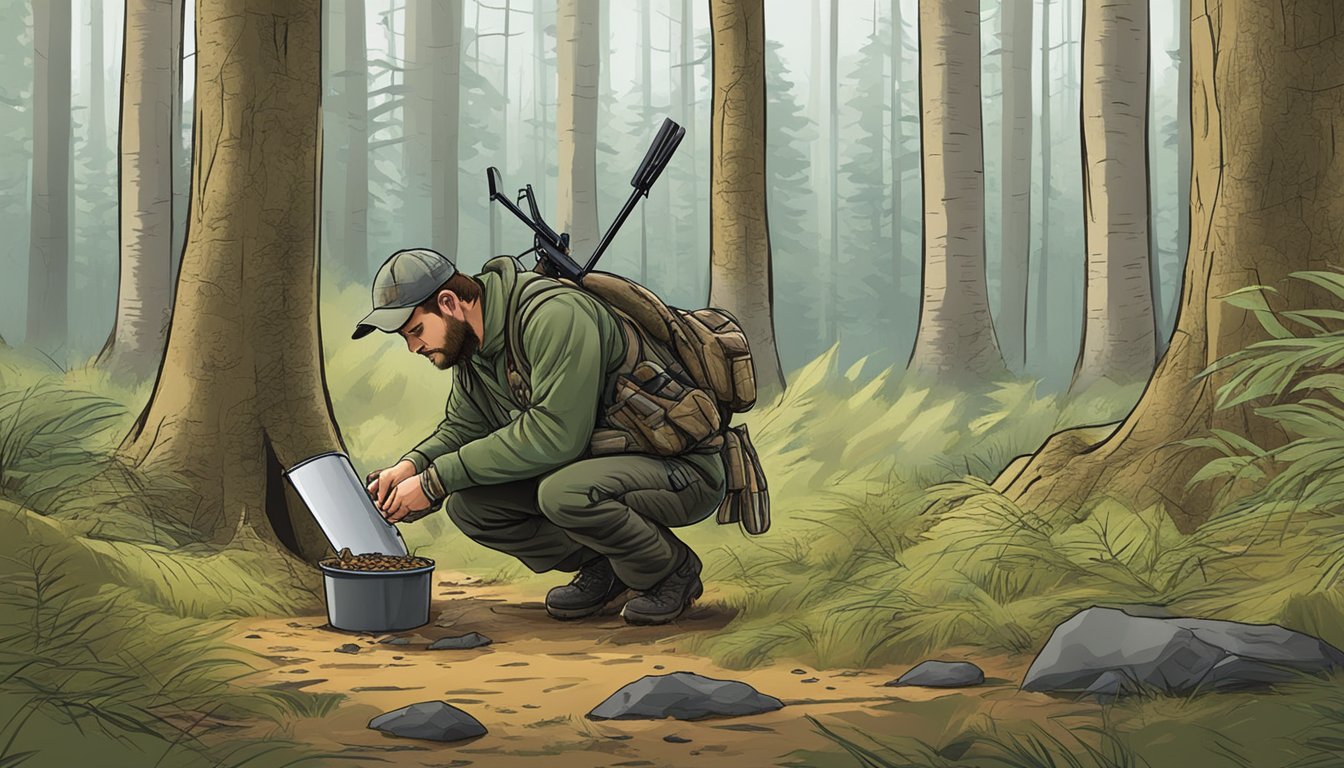 A hunter kneeling in a forest, identifying animal tracks and setting up a hunting blind