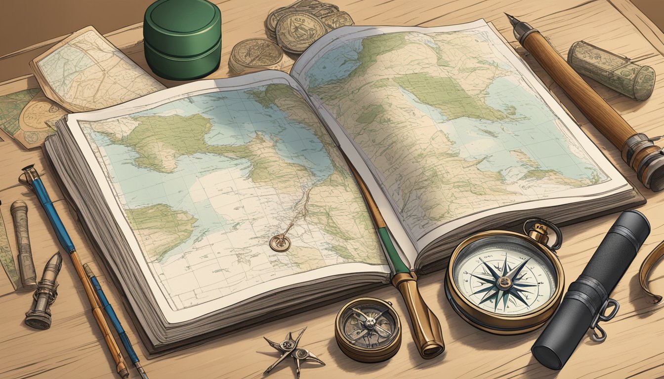 A hunter's education workbook open on a table, surrounded by a compass, map, and hunting gear