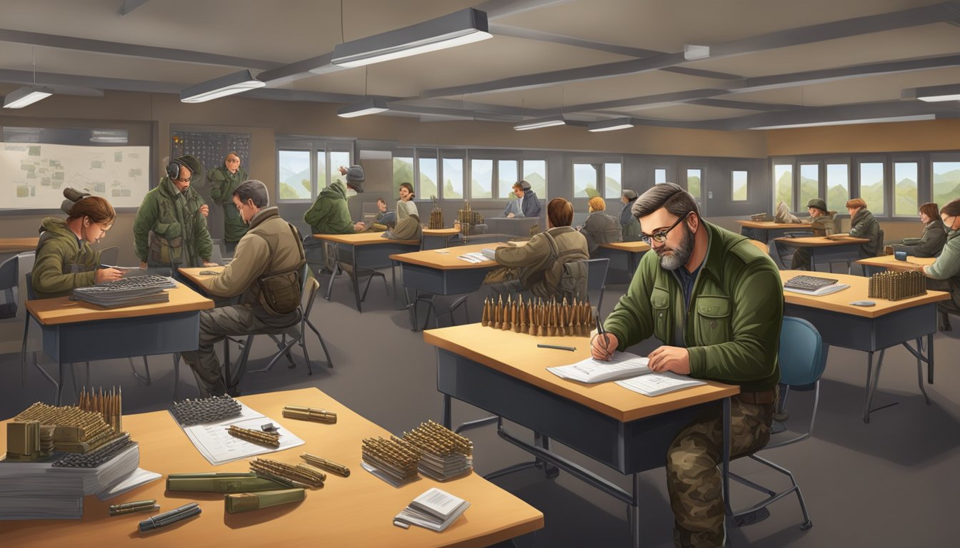 A hunter studies various types of ammunition and educates others in a classroom setting