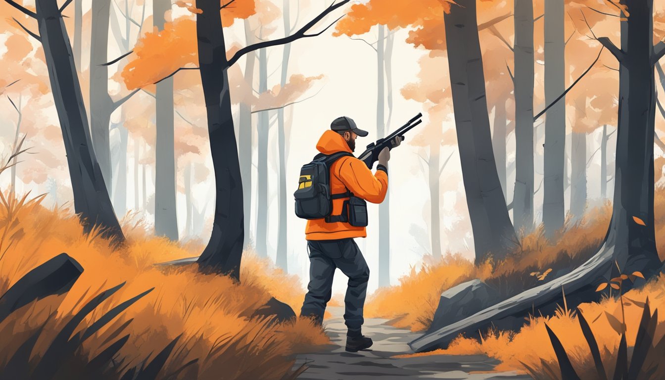 A hunter carrying a firearm while wearing bright orange clothing and a protective vest. They are walking cautiously through the woods, scanning the area for potential hazards