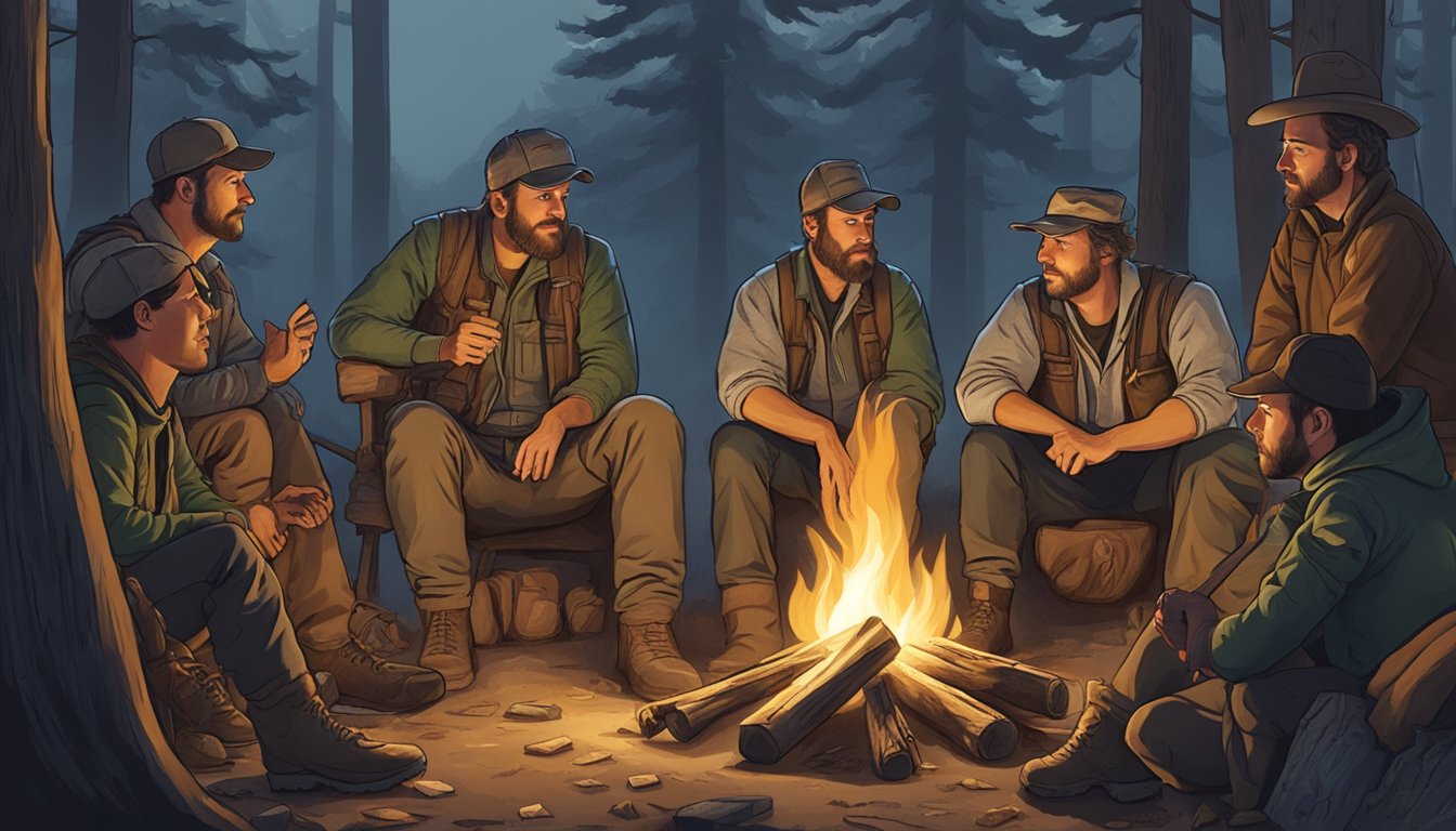 A group of hunters gather around a campfire, listening to an instructor teach them about the history of hunter education