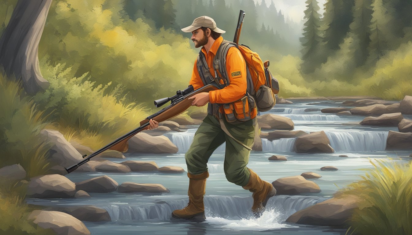 A hunter carefully crosses a stream, carrying a rifle and wearing a bright orange vest. Nearby, a sign promotes safety, responsibility, and conservation