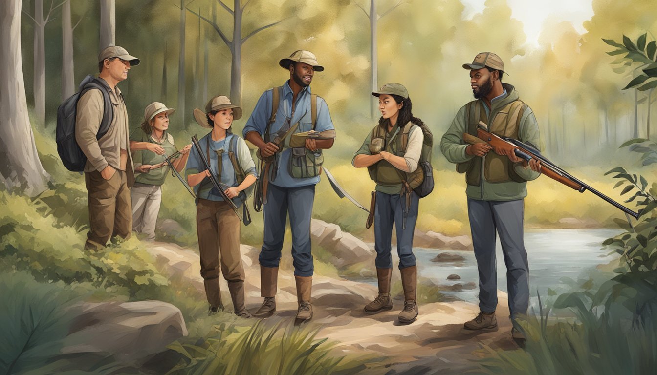 A diverse group of people engaging in hunter education activities in a natural outdoor setting