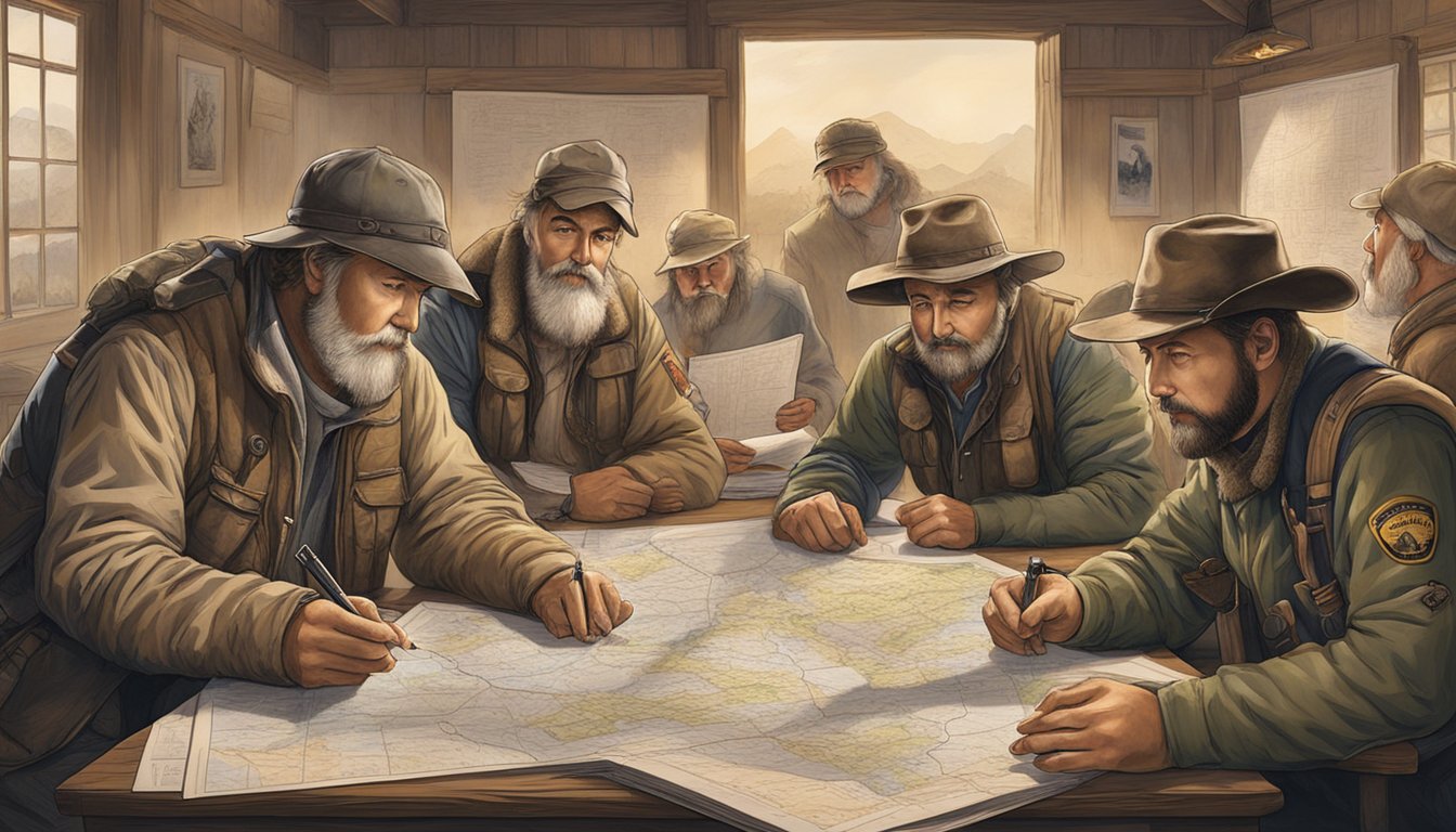 A group of hunters gather around a table, studying maps and discussing regulations. Certificates and licenses are displayed on the wall