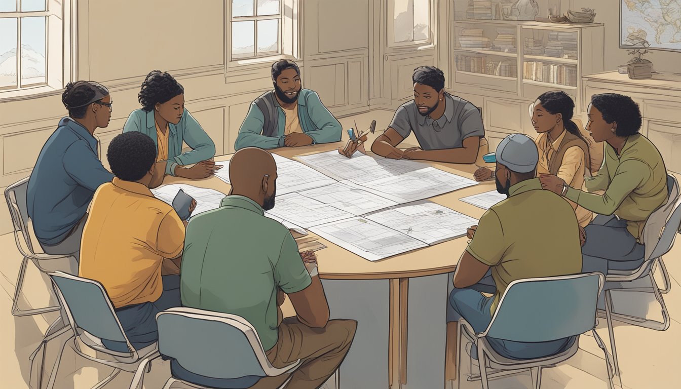 A group of diverse individuals gather around a table, discussing and debating the details of a hunter education bill. Maps and charts are spread out, while a sense of determination and collaboration fills the room