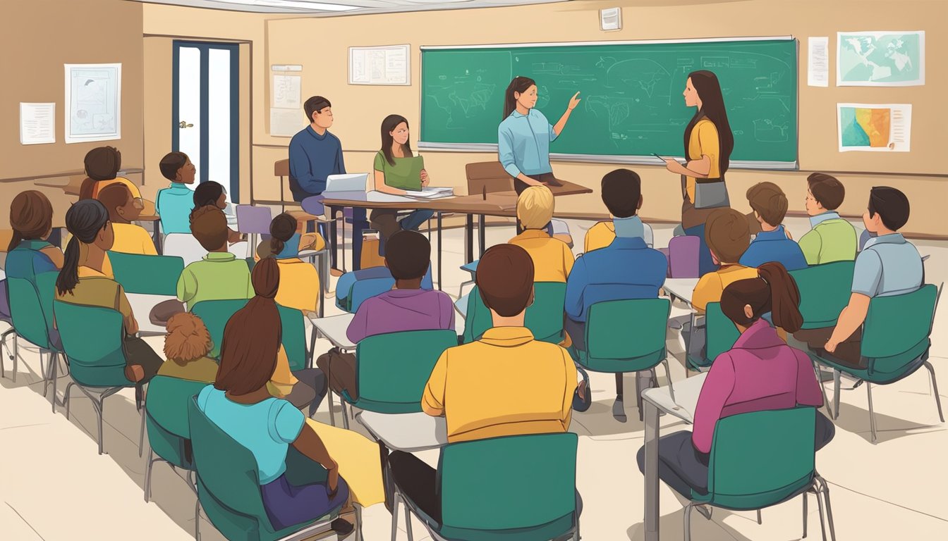 A group of students sitting in a classroom listening to an instructor talk about hunter education. Posters and visual aids are displayed on the walls