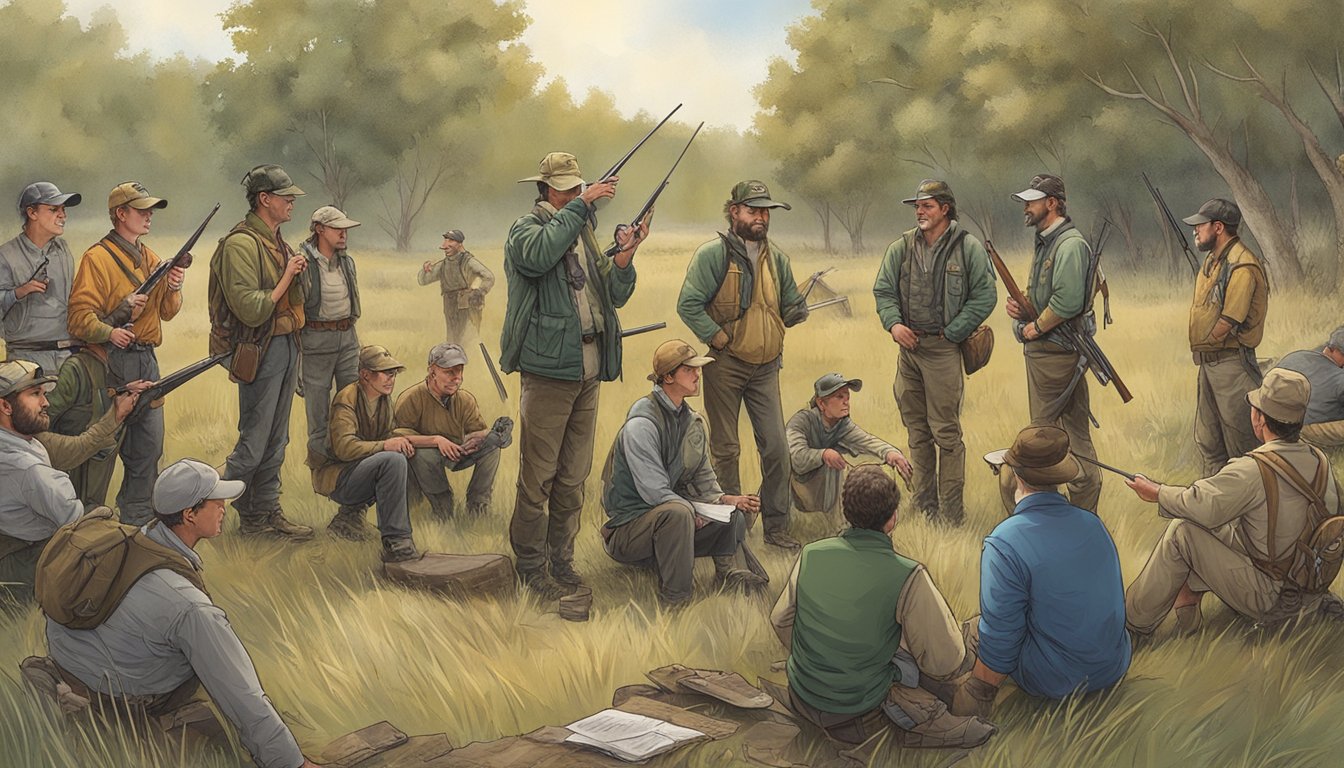 A group of hunters gather around an instructor, learning about the latest advancements in hunter education. Visual aids and interactive demonstrations are used to engage the participants