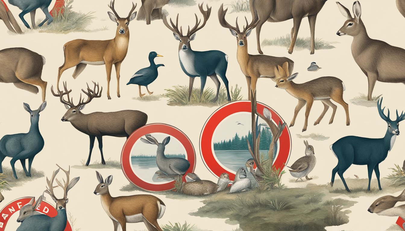 A group of wildlife illustrations, including deer, ducks, and rabbits, are displayed with a red "banned" symbol over them