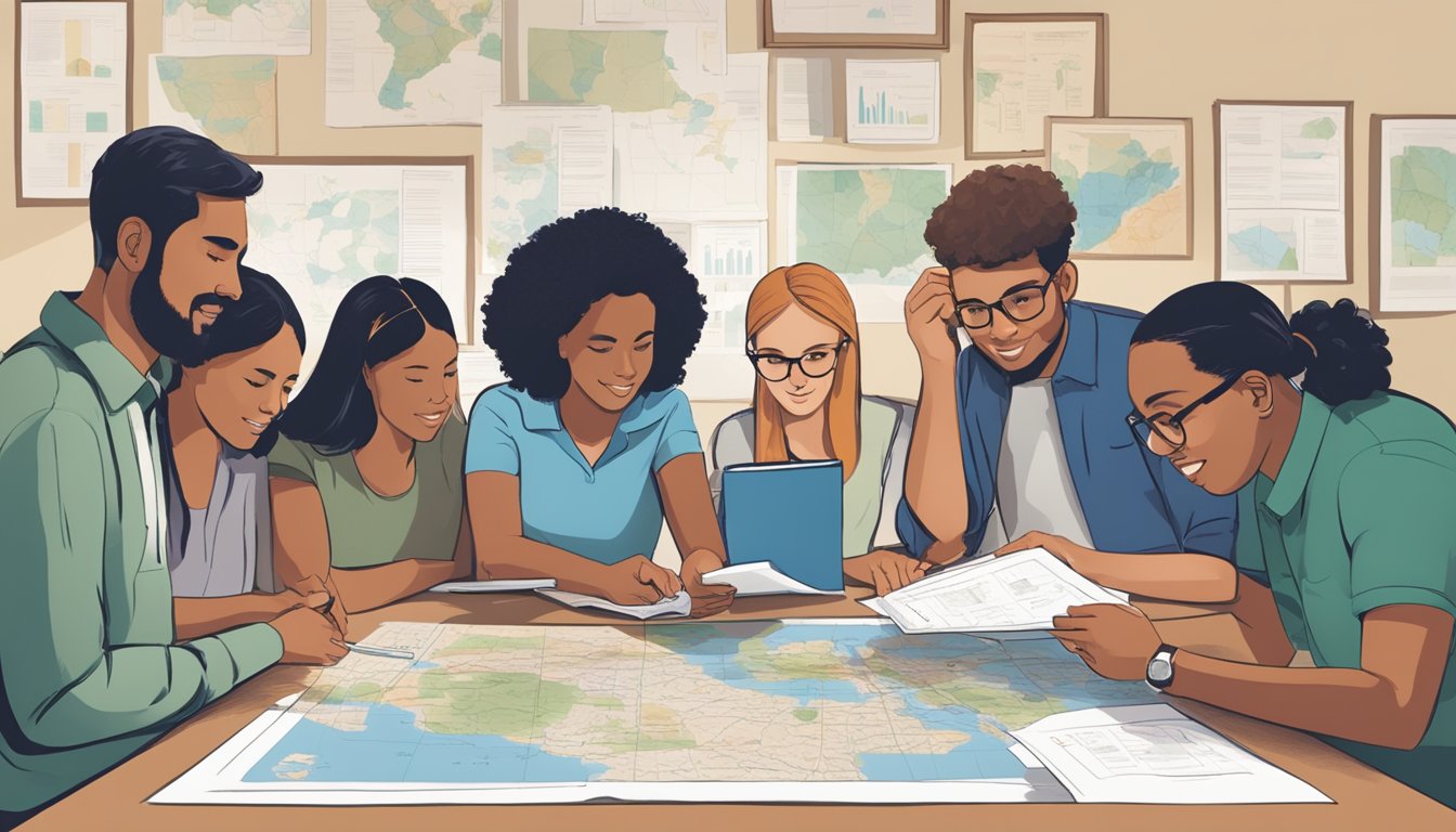 A group of people gather around a table, discussing and planning funding and support for hunter education. Maps, charts, and educational materials are scattered across the table