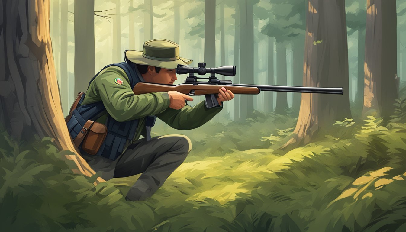 A hunter aiming a rifle at a target in a forest clearing