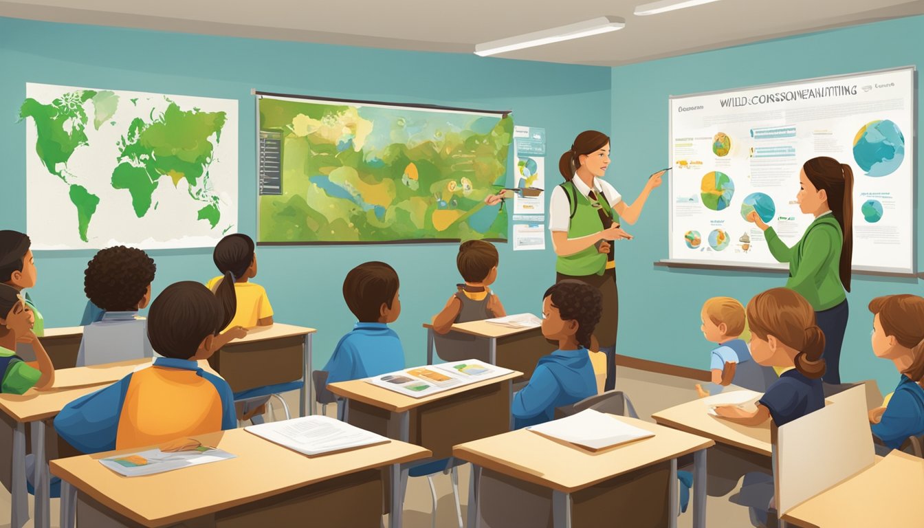 A classroom setting with a teacher instructing students on wildlife conservation and hunting safety. Display posters on the wall with educational information