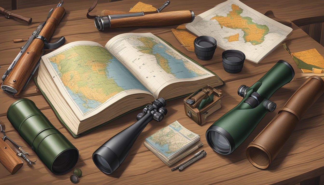 A hunter education book open on a wooden table with hunting gear scattered around it. A rifle, binoculars, and a map are visible