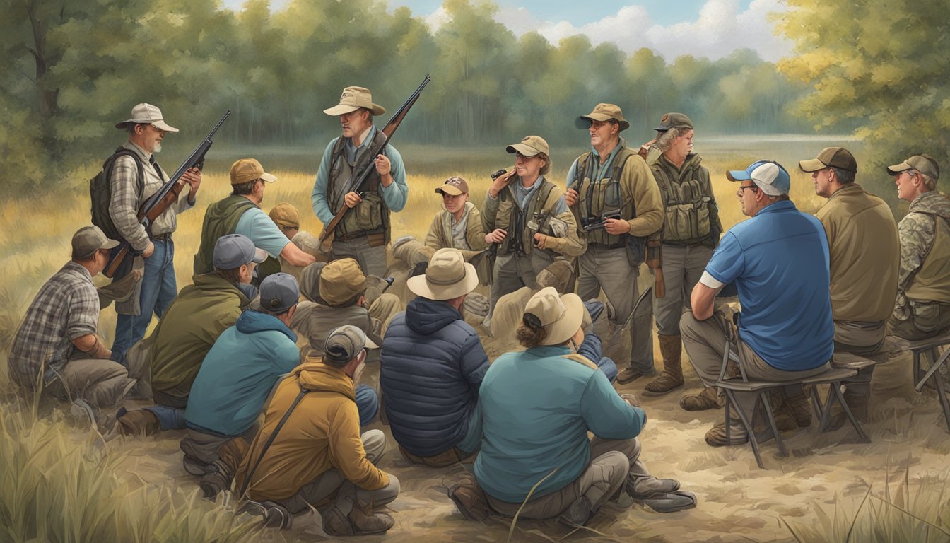 A group of hunters in Indiana, gathered around an instructor, learning about firearm safety and wildlife conservation