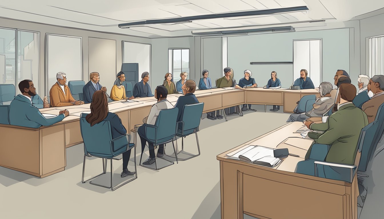 A group of people gathered in a meeting room, engaged in a heated discussion about the potential ban on hunter education