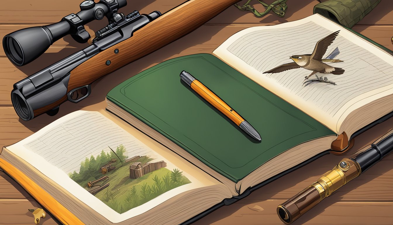 A hunter education book open on a wooden table with a rifle, compass, and hunting gear scattered around