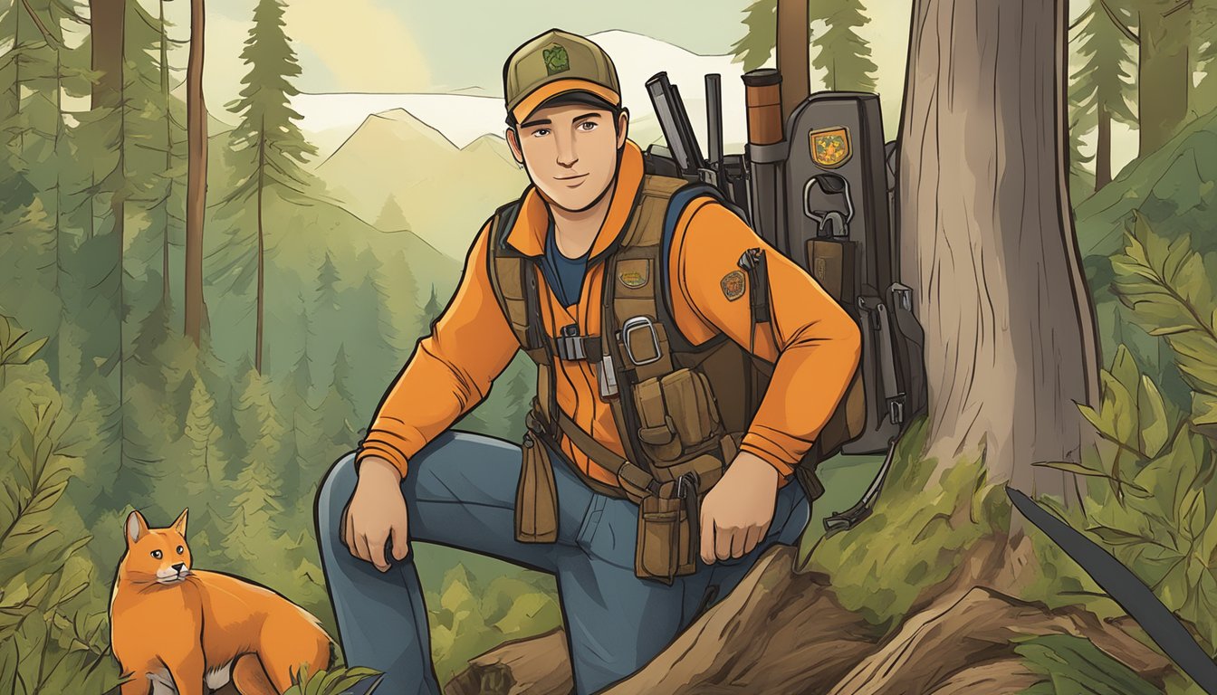 A hunter education book cover with symbols of safety and responsibility, such as a hunter orange vest and a firearm lock, against a woodland backdrop