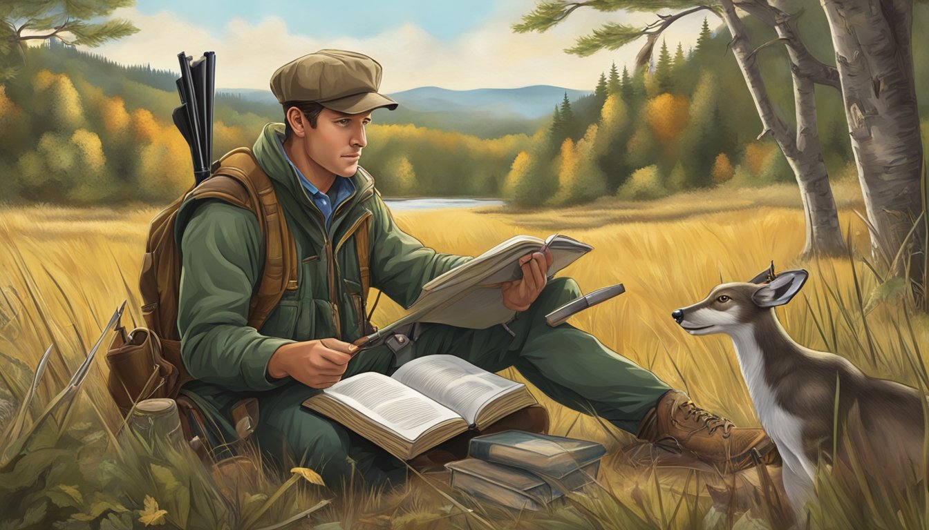 A hunter studying a book on legal and ethical hunting, surrounded by nature and wildlife