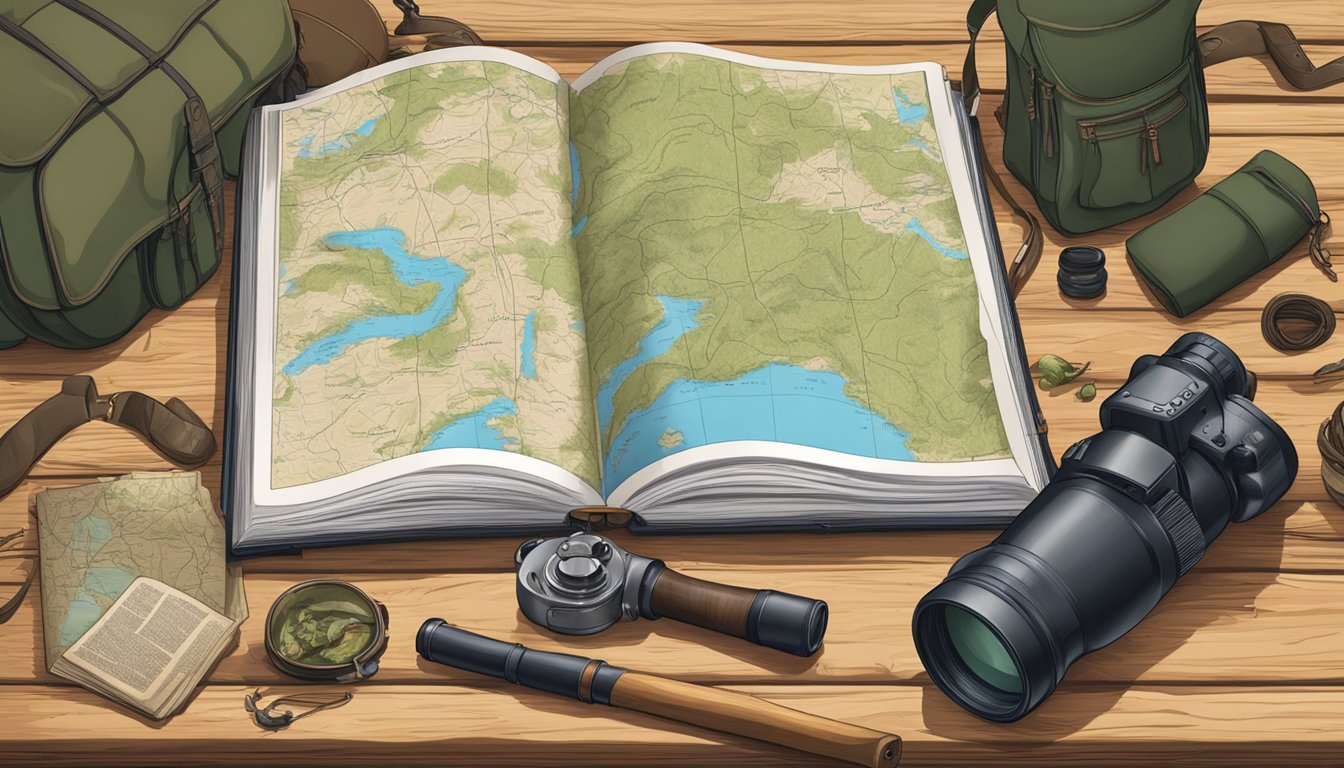 A hunter education book lying open on a wooden table, surrounded by hunting gear and a map of the wilderness