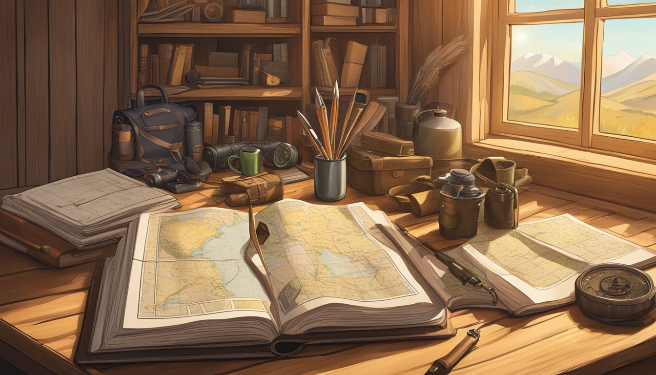 A hunter's education book sits open on a wooden table, surrounded by maps, compass, and hunting gear. The sun streams through a nearby window, casting a warm glow on the scene