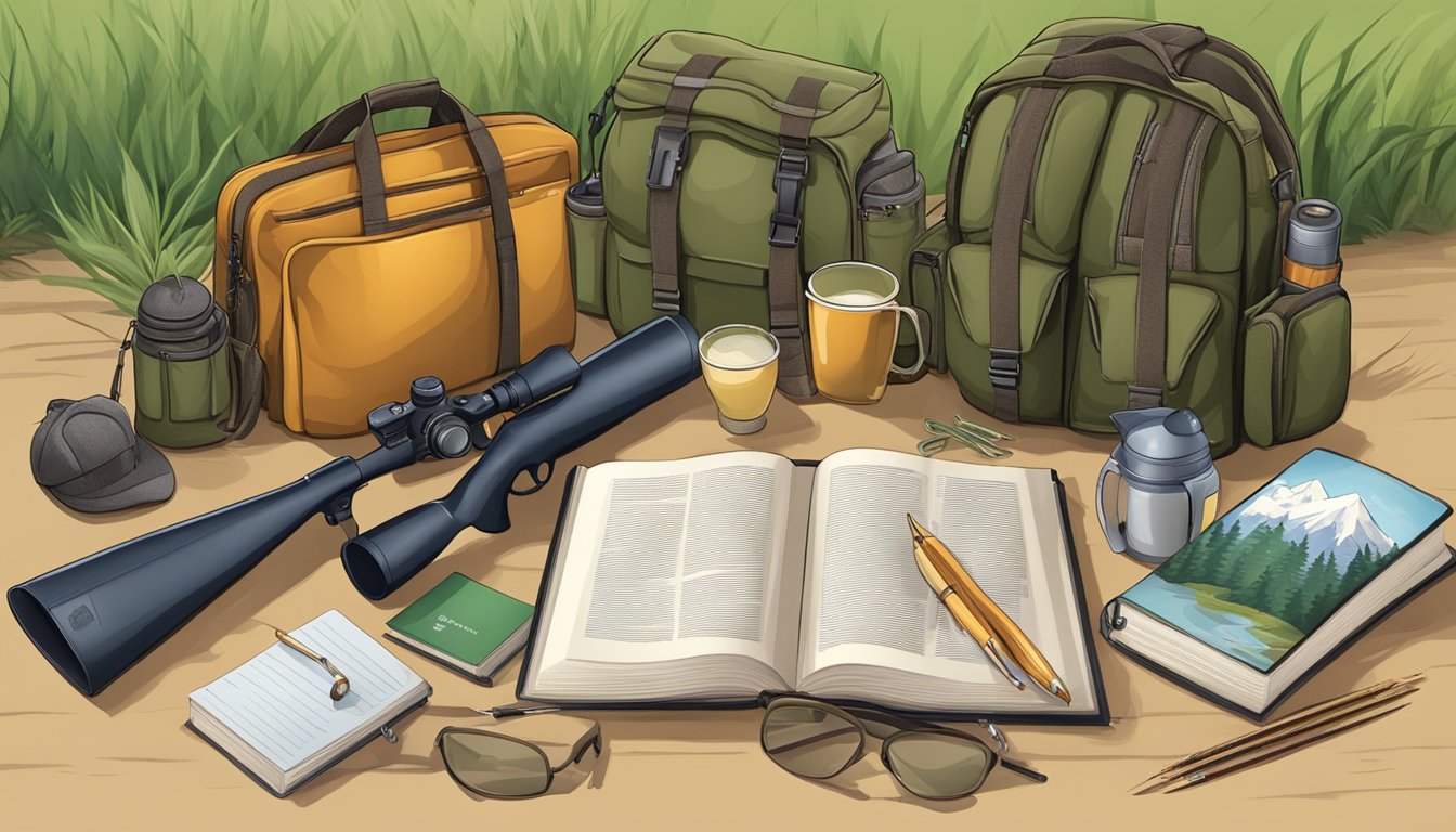 A hunter education book surrounded by various course options and outdoor equipment