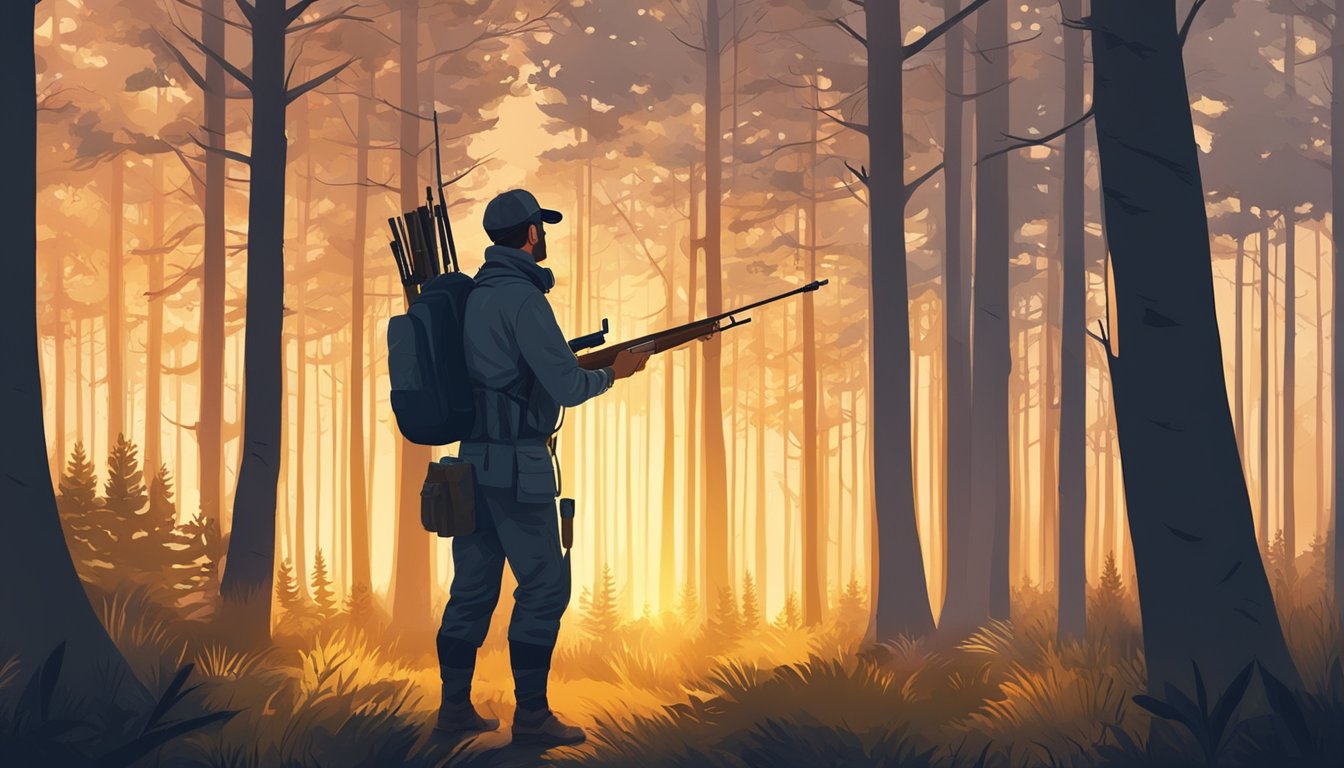 A hunter stands in a forest, holding a rifle and scanning the area for wildlife. The sun is setting, casting a warm glow over the trees