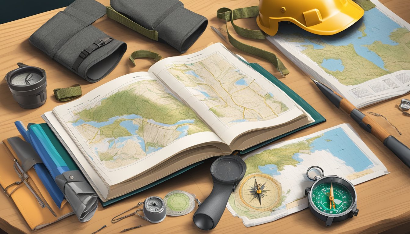 A hunter's education book open on a table with safety gear, maps, and a compass laid out nearby