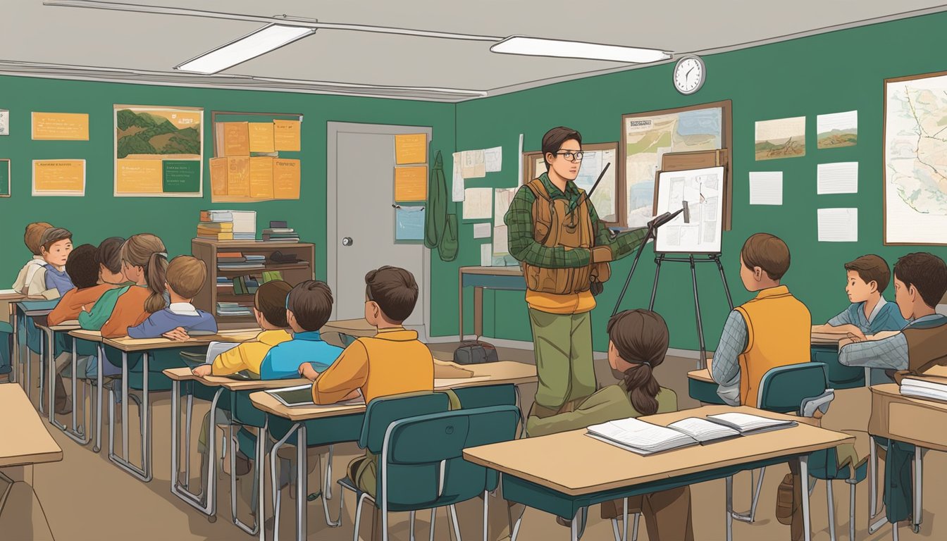 A group of students sit in a classroom, surrounded by hunting gear and safety posters. An instructor stands at the front, teaching from a hunter education book