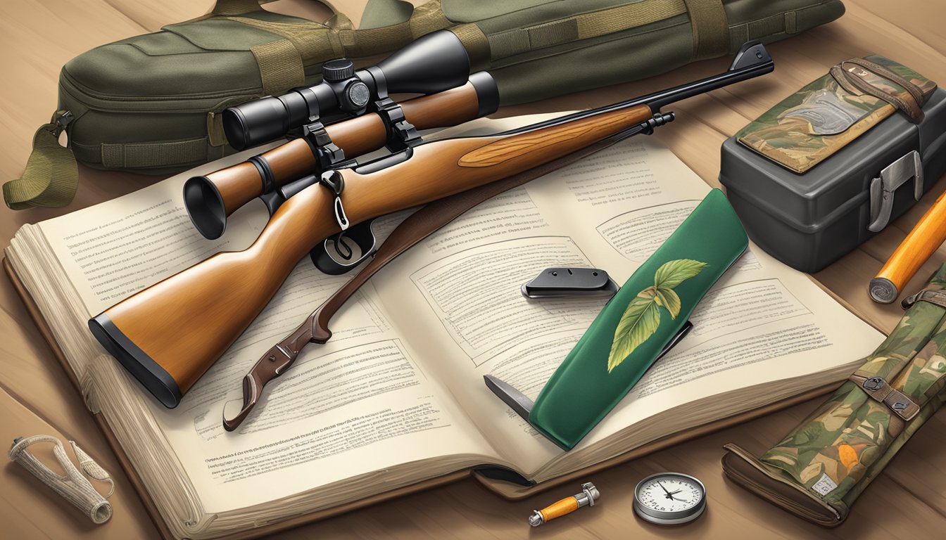 A hunter education book displayed next to a hunting rifle and safety gear