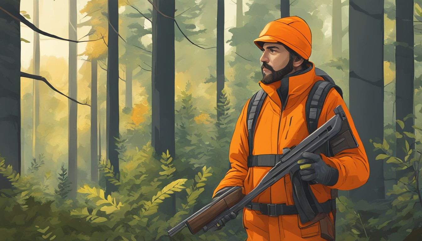 A hunter wearing bright orange clothing practices safe firearm handling in a forest clearing