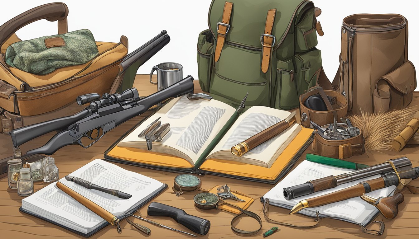 A hunter's education book open on a table, surrounded by various firearms and hunting equipment